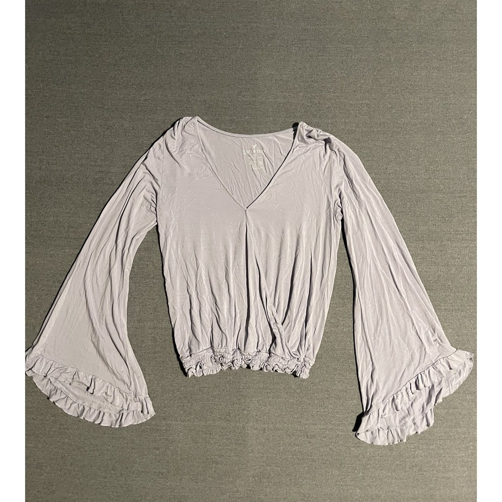 American Eagle Soft Sexy Wrap Top‎ Gray Long Sleeve V Neck Stretch Casual Fitted
